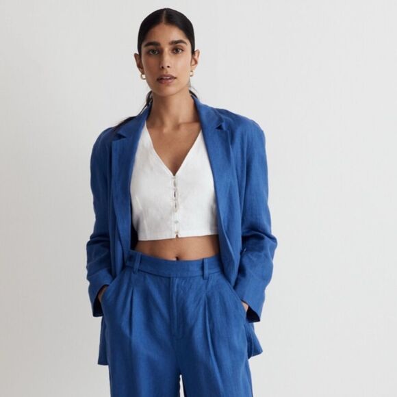 Madewell Double-Breasted Crossover Blazer in 100% Linen blue Women’s Sz XXS NWOT - Picture 1 of 13